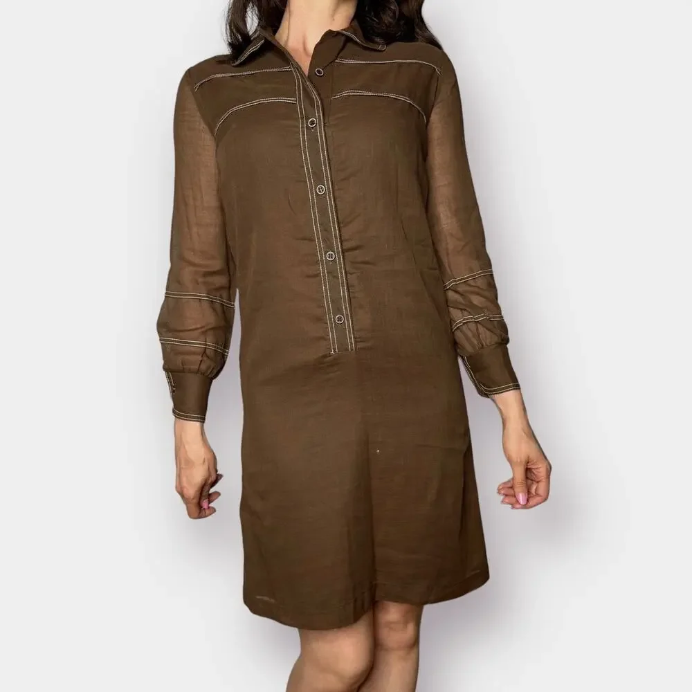 VINTAGE Brown Long Sleeve button down shirt dress Mini Coastal Cowboy Retro SZ S - Picture 2 of 8